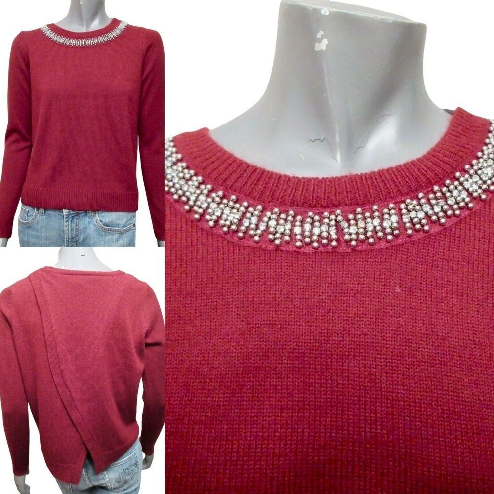 Hooked Up Red Crew Neck Beaded Open Back Sweater Long Sleeve M New